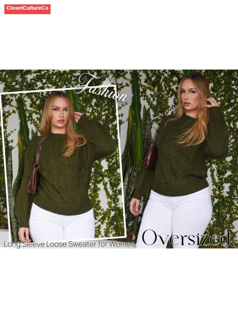 Womens Cable Knit Sweater Long Lantern Sleeve Crewneck Chunky Pullover - Picture 6 of 6